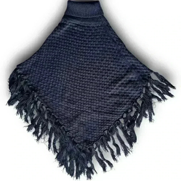 black chunky knit pullover poncho studded fringe sweater turtleneck tassels osfa - Picture 3 of 8